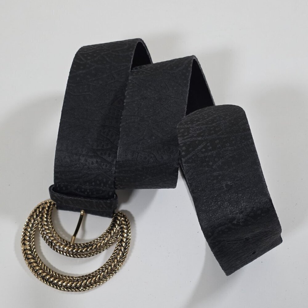 Vintage Textured Belt Womens L Black Gold Black Tone Metal Buckle Whimsigoth Y2K - Picture 15 of 15